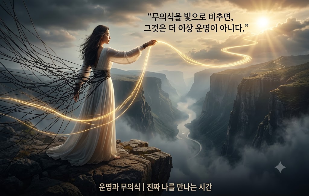 운명과 무의식 - 무의식을 빛으로 비추어 진짜 나를 만나는 순간을 상징하는 이미지