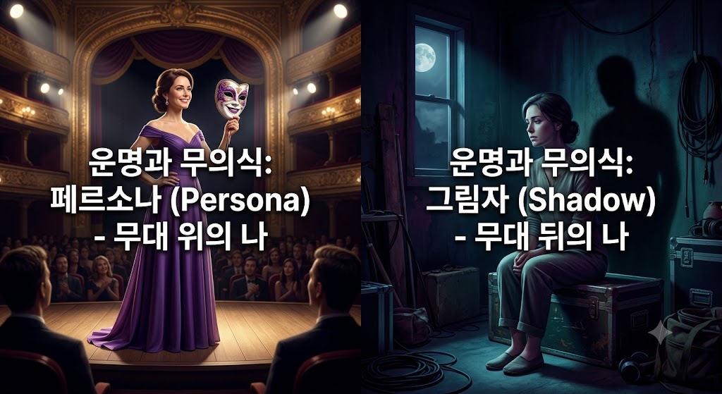 운명과 무의식 - 페르소나(무대 위의 나)와 그림자(무대 뒤의 나)를 비교한 이미지